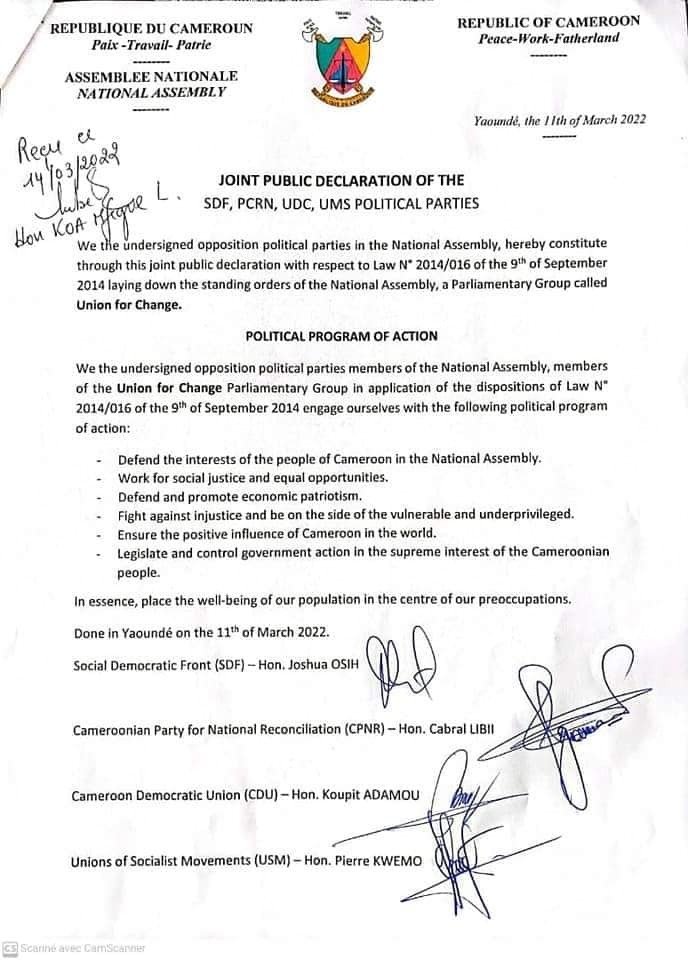 Baptise « Union pour le changement », il comprend : le Social Démocratic Front (SDF), le Parti camerounais pour la réconciliation nationale (PCRN), l’Union démocratique du Cameroun (UDC) et l’Union des mouvements socialistes (UMS).