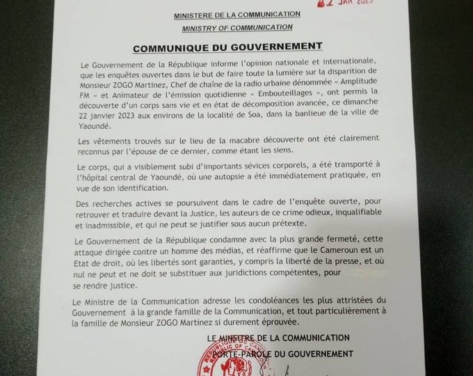 Médias : Le gouvernement camerounais condamne l’assassinat de Martinez Zogo.<br>
