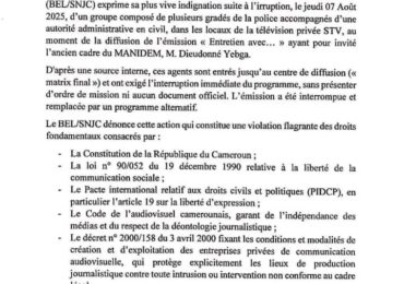 Atteinte à la liberté de la presse : le SNJC Littoral condamne l’interruption brutale de l’émission « Entretien avec… » sur STV