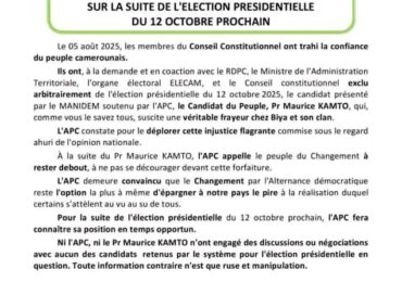 Présidentielle 2025 : L’Alliance pour le Changement dénonce l’exclusion de Maurice Kamto et précise sa position