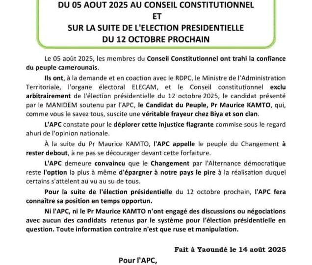 Présidentielle 2025 : L’Alliance pour le Changement dénonce l’exclusion de Maurice Kamto et précise sa position
