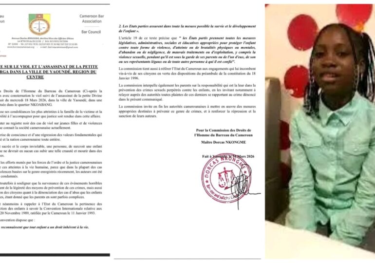 La Commission des Droits de l’Homme du Barreau du Cameroun marque son indignation après le viol et l’assassinat de la petite Divine Mbarga